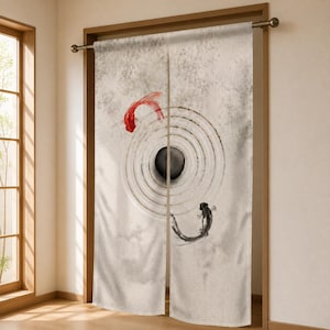 May include: A two-panel fabric door curtain featuring a beige, textured background with a central black circle surrounded by concentric rings. A red fish is depicted in the upper left, and a black fish is positioned in the lower right area.