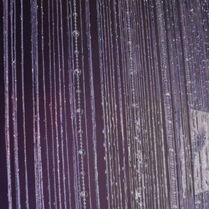 May include: A string curtain featuring numerous vertical strands of thin, light-reflecting material. The strands are interspersed with small, clear, spherical beads that catch the light, creating a shimmering effect against a dark background.
