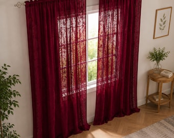 Schiere Spitze Vorhang Panel, Ausbrenner Voile Fenster Vorhänge, Weinrote Spitze Vorhänge, Wohnzimmer Schlafzimmer Fenster Dekorationen Raumteiler