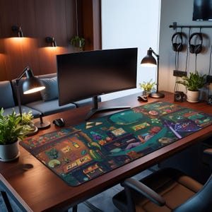 May include: A large rectangular desk mat featuring a detailed, colorful pixel art illustration of a fantasy room interior with various gaming-themed objects, placed on a dark wood desk surface in front of a curved computer monitor and desk lamp.