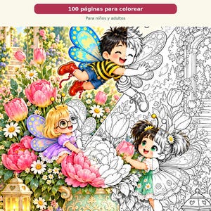 May include: A coloring book titled El Mundo de Zhuzhik El jardín encantado de flores featuring 100 páginas para colorear. The cover shows three fairy-like characters with wings interacting with colorful and line-art flowers and lanterns.