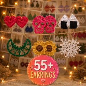 May include: A collection of six pairs of handmade crochet earrings hanging on strings, featuring red hearts, pink sugar skulls, white onigiri, green crescent moons, yellow sunflowers, and white snowflakes, with a circular sign reading 55+ EARRINGS.