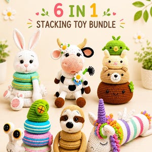 May include: A 6 in 1 stacking toy bundle featuring six crocheted animal figures including a white rabbit, a black and white cow, a stacked bear and chick, a snail, a sloth, and a unicorn with a rainbow mane and a purple horn.
