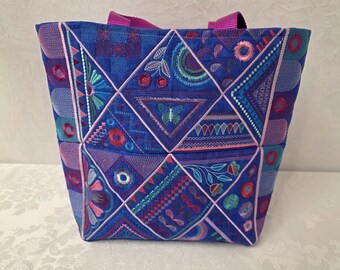 Cabas/sac en bandoulière/porte-monnaie brodé - Bleu cobalt