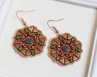 Boucles d'oreilles sarcelle, vertes et cuivre