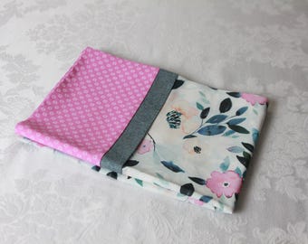 Travel sized pillowcase 14" x 21" pink, orange, and coral floral pattern on pale blue background