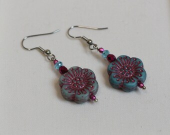 Boucles d'oreilles fleurs roses et turquoises