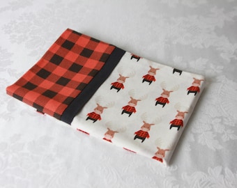 Travel sized pillowcase 14.5" x 21" reindeer wearing buffalo plaid shirts