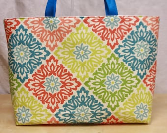 Teal, turquoise, orange and green geometric tile patterned tote bag purse