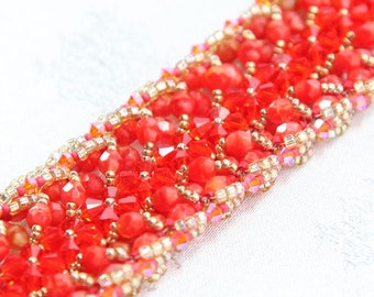Embellished Right Angle Weave Bracelet - Coral, orange, and gold tones