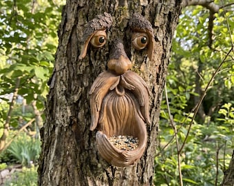 Mangiatoia per uccelli a forma di vecchio con la faccia da albero, divertente decorazione artistica per esterni da giardino.
