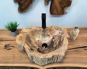 Lavabo de baño de piedra antigua de 53 cm, lavabo de encimera único con bordes naturales, lavabo de piedra natural de lujo de estilo rústico y moderno de granja.