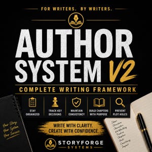 May include: Black and gold graphic promoting the "Author System V2" complete writing framework. The image includes a notebook, pen, and icons for staying organized, tracking decisions, maintaining consistency, building chapters, and preventing plot holes.