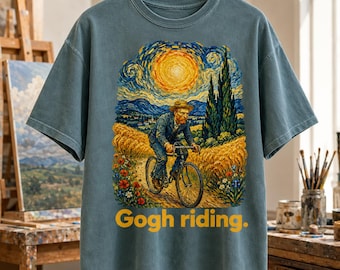 Chemise couleurs confort cyclisme drôle, t-shirt art vélo Gogh Riding Van Gogh, cadeau cycliste, t-shirt graphique amateur de vélo