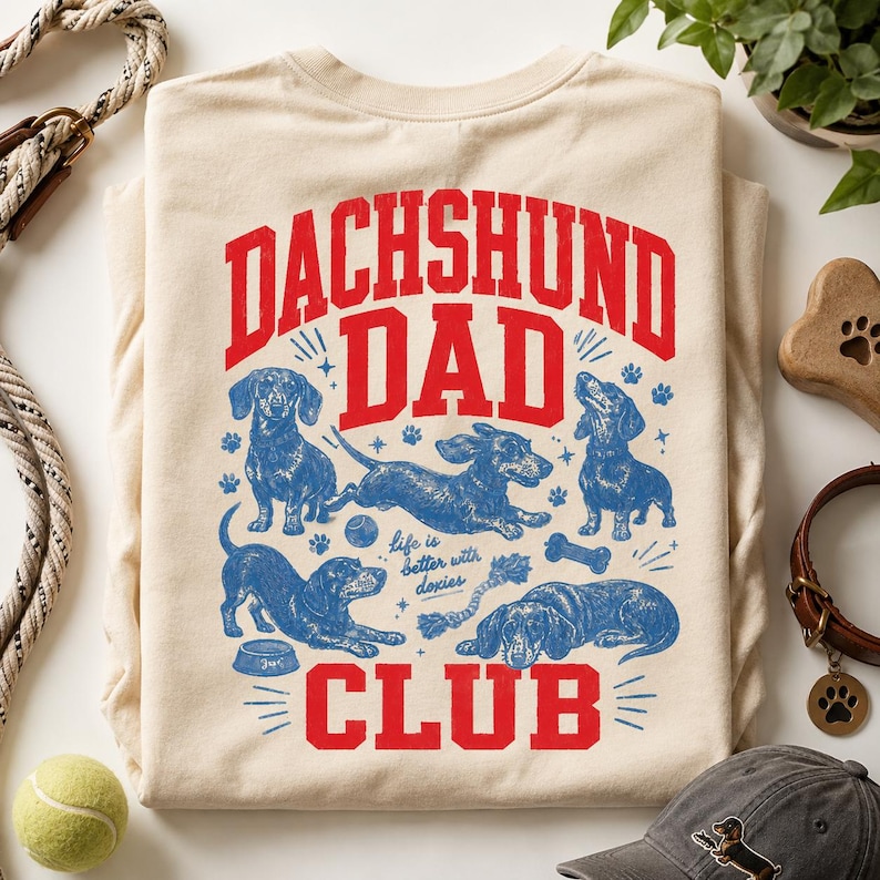 Peut inclure: Un t-shirt beige avec une impression graphique rouge et bleue. Le texte indique DACHSHUND DAD CLUB et Life is better with doxies. Le motif comprend des illustrations de cinq teckels dans diverses poses, des empreintes, une balle, un os et une gamelle.