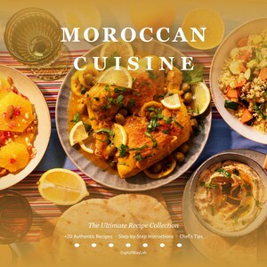 May include: A colourful image of Moroccan cuisine, with a central dish of chicken with olives and lemon slices. Other dishes include couscous, hummus, and a fruit salad. The text "MOROCCAN CUISINE" is displayed prominently.