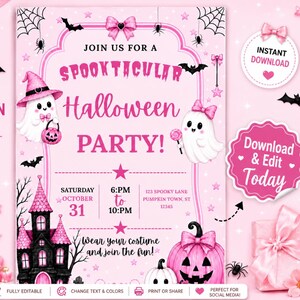 May include: A pink Halloween party invitation template featuring two white ghosts, one wearing a pink witch hat, a black and pink haunted house, pink pumpkins, bats, and spiderwebs. The text reads SPOOKTACULAR HALLOWEEN PARTY, date, and time.