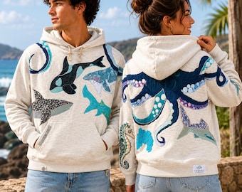 Ocean Life-hoodie met print Whale Shark & Orca-sweater Marine Wildlife-trui Ocean Lover-cadeau