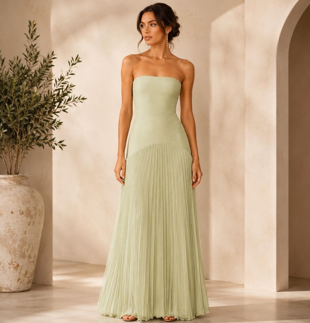 green strapless pleated dress Dark Green