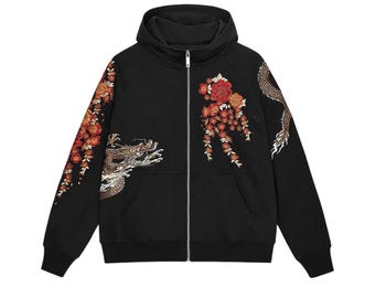 Embroidered Dragon Hoodie, Zip Up Hoodie, Floral Streetwear Jacket, Black Oversized Hoodie Men Unisex