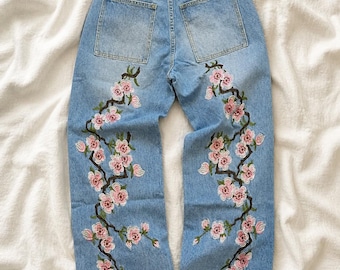 Cherry Blossom Embroidered Jeans – Black & Blue Floral Denim Pants – Wide Leg Streetwear – Aesthetic Vintage Y2K Jeans – Unisex