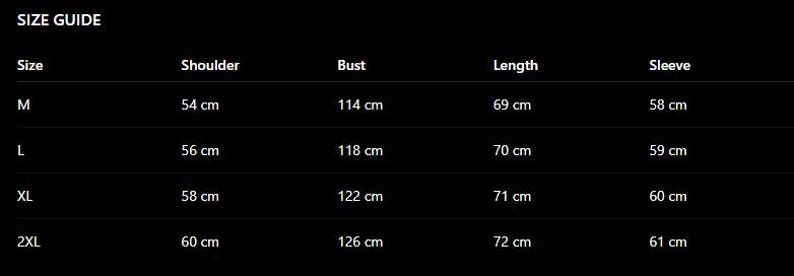 May include: A size guide table with measurements in centimeters. The table includes sizes M, L, XL, and 2XL, with corresponding shoulder, bust, length, and sleeve measurements. The text "SIZE GUIDE" is at the top.