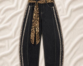 Leopard Print Panel Jeans – Wide Leg Denim Pants with Belt – Y2K Streetwear Jeans – Animal Print Aesthetic Pants – High Waist Baggy Jeans