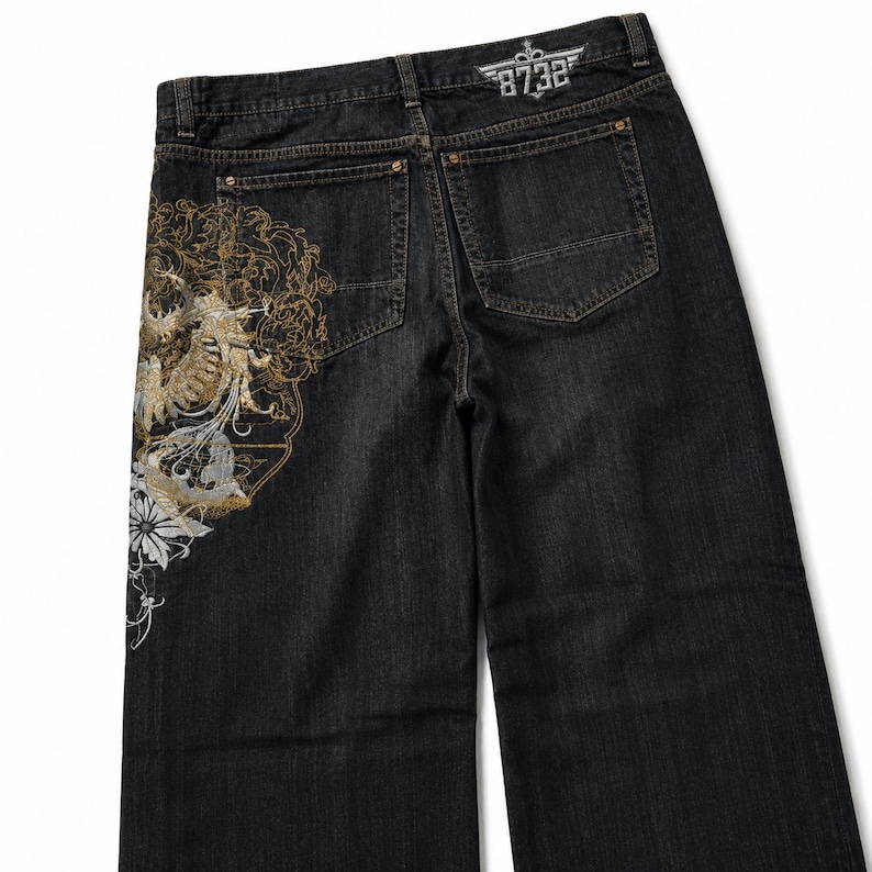Vintage Washed Embroidered Wide Leg Jeans – Y2K Streetwear Denim Pants, Baggy Fit Graphic Jeans Unisex