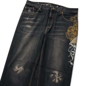 Vintage Washed Embroidered Wide Leg Jeans – Y2K Streetwear Denim Pants, Baggy Fit Graphic Jeans Unisex