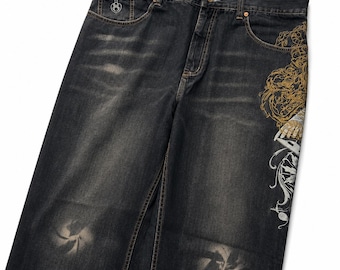 Jeansy z szerokimi nogawkami w stylu vintage, z haftem – Y2K Streetwear Baggy Denim Unisex