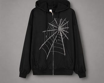 Y2K Spider Web Zip Up Hoodie, Rhinestone Goth Hoodie, Oversized Streetwear Jacket, Harajuku Grunge Hoodie, Unisex Emo Sweatshirt