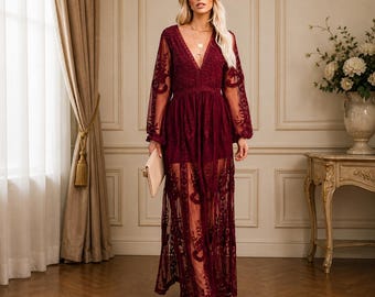 Elegantes schieres Spitzen-Maxikleid für Frauen, Boho-Brautkleid, Strandhochzeitskleid, Langarm-Spitzenkleid, Sommer-Resort-Abnutzung