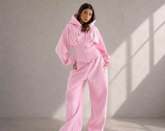 Oversized Hoodie Sweat Set Women  Corset Waist Lounge Set  Wide Leg Sweatpants Co Ord  Matching Tracksuit  Y2K Athleisure Outfit