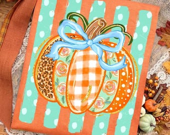 Striped Preppy Fall Pumpkin Glitter DTF , Floral Pumpkin Bow DTF, Cozy Season Pumpkin Spice DTF, Ready to Press Transfer Direct to Film