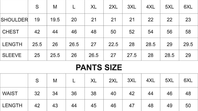 Puede incluir: Tabla de tallas de ropa que muestra medidas de hombros, pecho, largo y manga, adem&aacute;s de tallas de pantal&oacute;n para cintura y largo. Tallas de la S a la 6XL. Medidas en cent&iacute;metros.