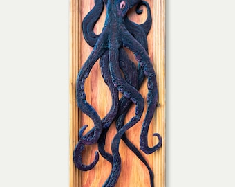 The Great Grabber – Octopus Wall Sculpture | Layered Wood Coastal Folk Art | Handmade Nautical Artwork