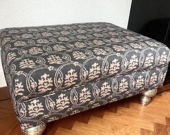 Handmade ottoman / footstool — Dries Van Noten fabric & AM.PM silver legs — one of a kind