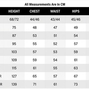May include: A black and white size chart table with the text All Measurements Are In CM at the top. The table lists sizes from 6 to 9 months up to 9/10 years, with corresponding measurements in centimeters for height, chest, waist, hips, and arms.