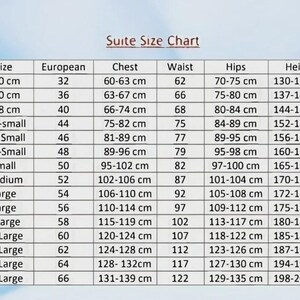 May include: A black and white Suite Size Chart table with columns for Size, European, Chest, Waist, Hips, and Height. The chart lists various sizes from 120 cm to 4X Large, providing corresponding measurements in centimeters for each body category.