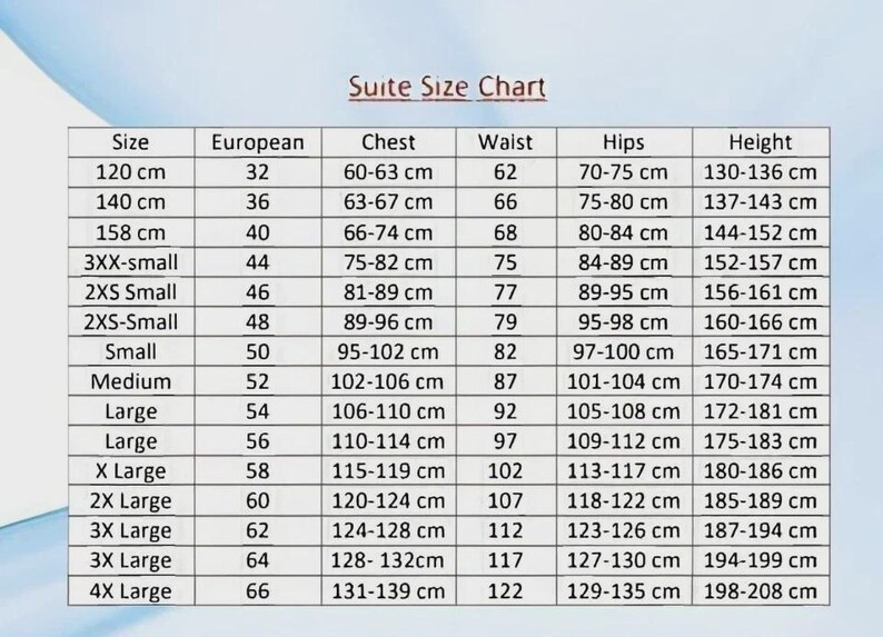 May include: A black and white Suite Size Chart table with columns for Size, European, Chest, Waist, Hips, and Height. The chart lists various sizes from 120 cm to 4X Large, providing corresponding measurements in centimeters for each body category.