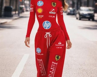 Mono de mujer Charles Leclerc 2026 F1 / Mono de capa base Ferrari Racing / Ropa urbana de automovilismo / Ropa deportiva por sublimación