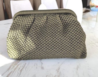 Green handmade crochet satin clutch