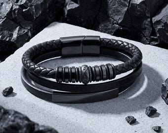 Custom Engraved Black Multi-Layer Leather Bracelet for Son, Personalized Braided Leather & Stainless Steel Cuff with Magnetic Clasp