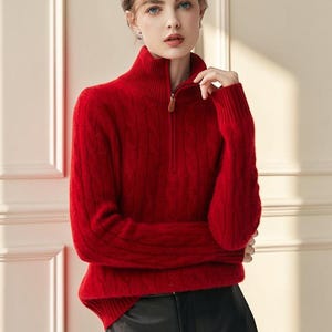 Jersey de cachemir con cremallera para mujer, de punto trenzado y cuello medio.