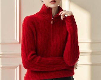 Cashmere Zip Jumper Women Cable Knit Half Neck Sweater