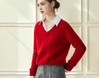 Maglione da donna in cashmere a trecce con scollo a V