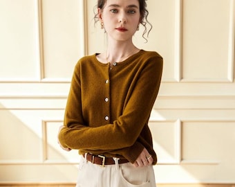 Cashmere Cardigan Women Round Neck Button Knit Sweater