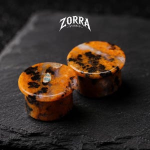 May include: Two orange and black stone plugs with a cylindrical shape. The plugs have a polished surface and a unique pattern. The logo "ZORRA STUDIO" is at the top of the image.