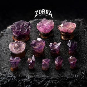 May include: A collection of eleven purple amethyst crystal ear plugs and tunnels of varying sizes, featuring raw, jagged, and faceted natural stone tops with dark, cylindrical bases. The text ZORRA STUDIO is centered above the crystals.