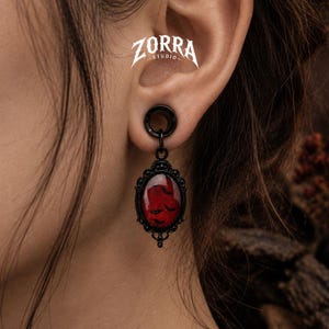 Gothic Bat Ear Gauges, Halloween Dangle Tunnel Plugs, Red Bat Stretched Ear Jewelry, Bat Plug Earrings